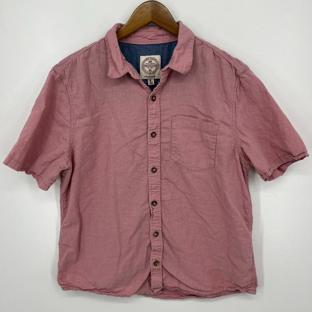 Fat Face Short‎ Sleeve Button Shirt Men's Size L Pink Linen Cotton Blend Solid